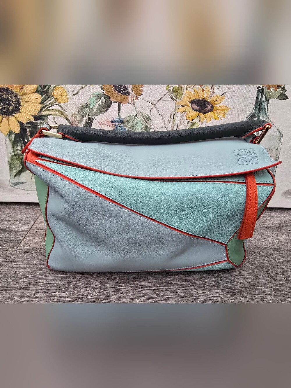 Loewe Mint and Light Blue Medium Puzzle Shoulder Bag with Orange Trim